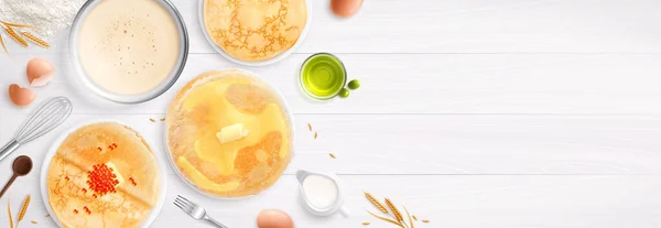Pastane Krep Gerçekçi Kompozisyonu Hazır Krepler Mutfak Malzemesi Vektör Illüstrasyonlu — Stok Vektör
