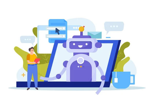 Chatbot Обслуживает Плоскую Композицию Человек Разговаривает Симпатичным Роботом Векторной Иллюстрации — стоковый вектор