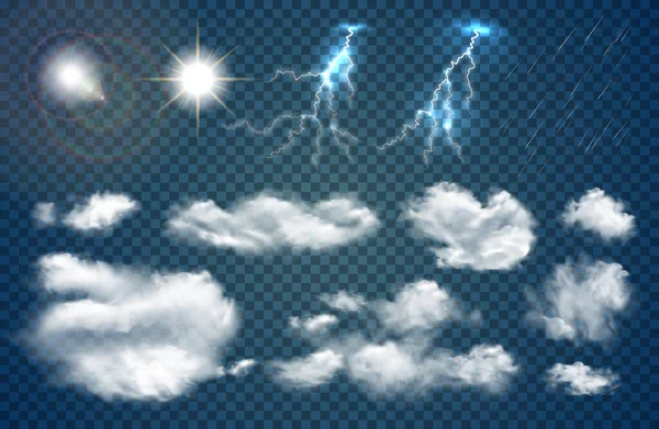 雲と太陽のシンボルによって隔離されたベクターのイラストが付いている空の現実的な透明なセット — ストックベクタ