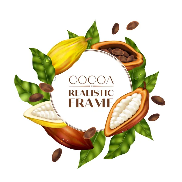 Runder Rahmen Realistischen Stil Mit Kakaobohnen Und Blättern Als Vektorillustration — Stockvektor