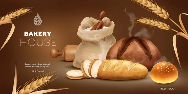 小麦の耳のベクターのイラストが付いている茶色の背景のパンそしてパンが付いているベーカリーの家のための現実的な横の広告のポスター テンプレート — ストックベクタ