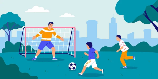 Papa Spelen Voetbal Met Twee Zonen Park Platte Vector Illustratie — Stockvector