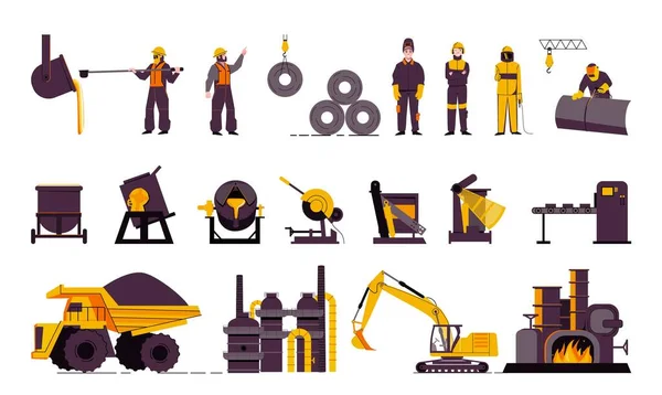 Zestaw Izolowanych Ikon Produkcji Metalurgii Płaskie Obrazy Robotników Przemysłowych Koparki — Wektor stockowy