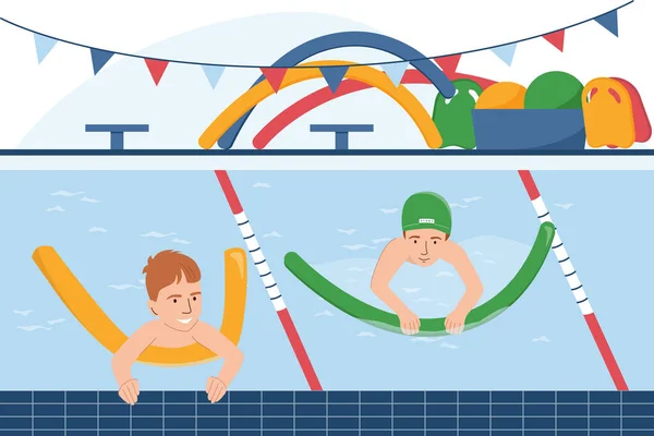 Wassersicherheit Flache Zusammensetzung Mit Jungen Die Pool Mit Schaumnudeln Schwimmen — Stockvektor