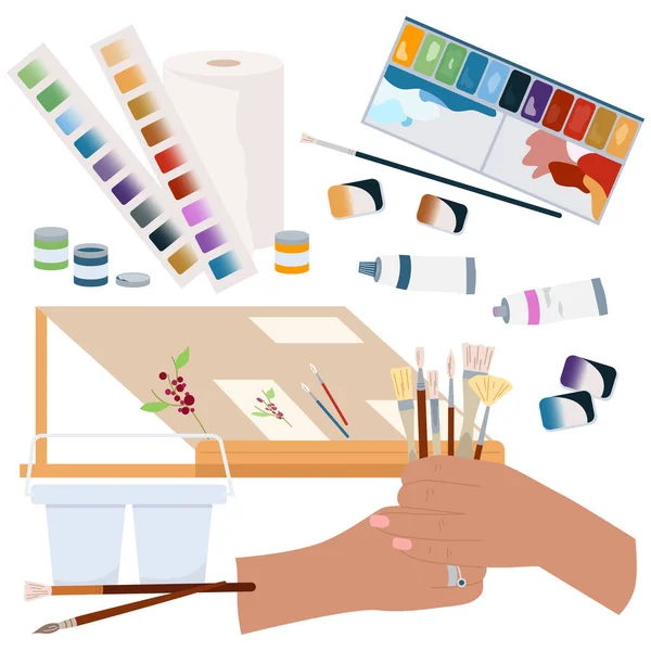 Human Hands Holding Paintbrushes Flat Composition Paints Artist Workplace Vector — Stock Vector