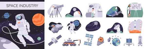 Raumfahrtindustrie Flache Zusammensetzung Von Raumschiffen Astronauten Satellitenwissenschaftler Suchen Durch Teleskop — Stockvektor