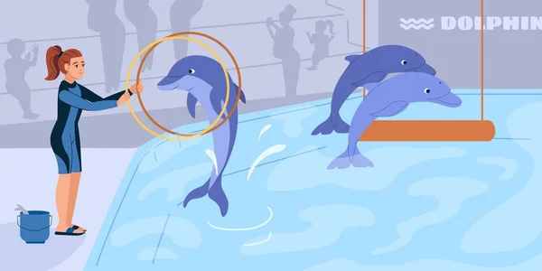 Показать Дельфинарии Умными Дельфинами Прыгающими Через Обручи Плоские Векторные Иллюстрации — стоковый вектор
