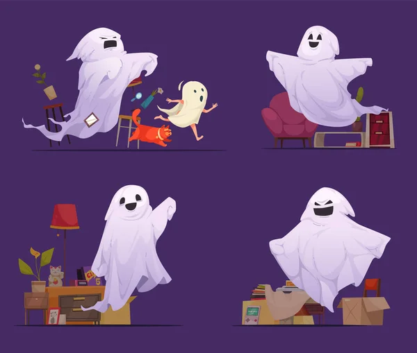 Ícones Desenhos Animados Fantasma Conjunto Com Criaturas Assustadoras Interiores Domésticos —  Vetores de Stock