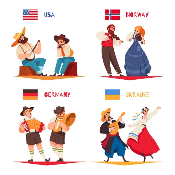 Folklórní Hudba Izolované Ikony Set Usa Norway Germany Ukraine Couples — Stockový vektor
