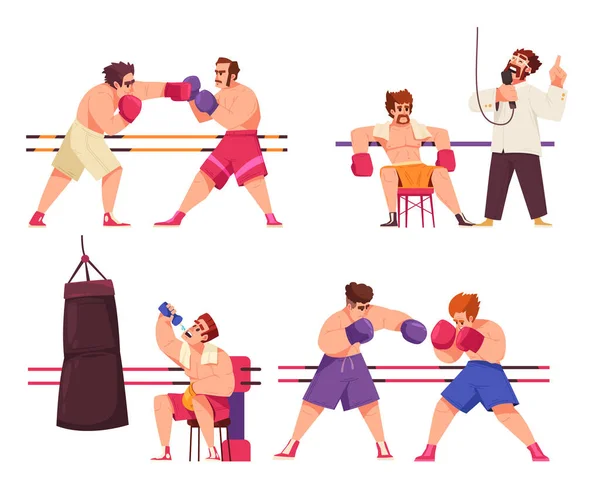 Flat Boxing Icon Set Boxers Fight Ring Rest Rounds Vector — Stock Vector