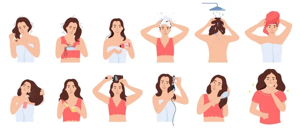 Hair Care Routine Flat Icons Set Girl Characters Applying Beauty — Stock Vector