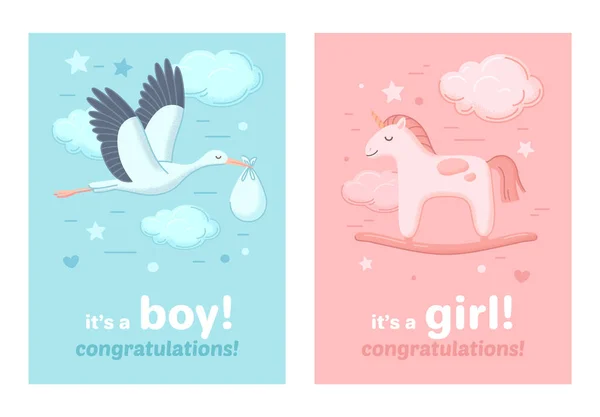 Baby Dusch Inbjudan Kort Set För Pojke Och Flicka Födelse — Stock vektor