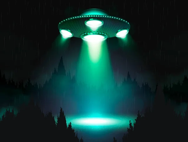Ufo Raumschiff Realistisches Poster Mit Außerirdischen Raumfahrzeugen Unter Nacht Wald — Stockvektor