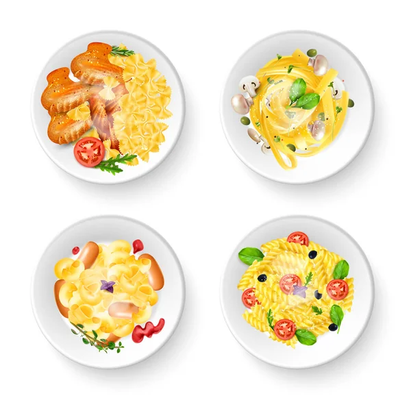 Realistisches Set Von Vier Köstlichen Gerichten Mit Italienischem Pasta Fleisch — Stockvektor