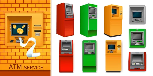 Atm Service Composition Machines Different Colours Isolated White Background Vector — Stock Vector