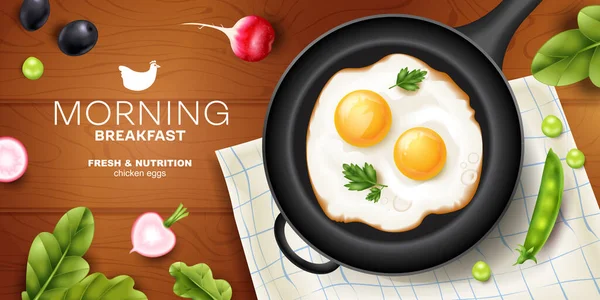 Υγιές Πρωινό Ρεαλιστική Οριζόντια Αφίσα Διαφήμισης Τηγανητά Αυγά Στο Τηγάνι — Διανυσματικό Αρχείο