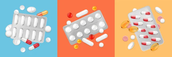 Pillole Realistiche Capsule Set Tre Composizioni Quadrate Con Mazzi Farmaci — Vettoriale Stock