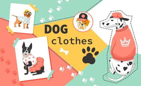 Hondenkleding Platte Collage Wit Schattig Cartoon Huisdieren Gekleed Jas Rok — Stockvector