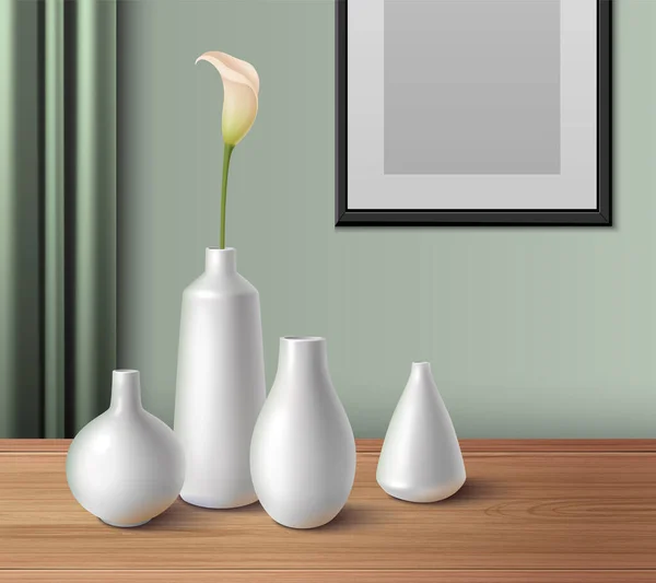 Witte Keramische Porseleinen Vazen Van Verschillende Grootte Vorm Houten Tafel — Stockvector