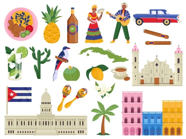 古巴扁平图标一套Cuban符号国家菜肴地标人民动植物隔离病媒图解 — 图库矢量图片
