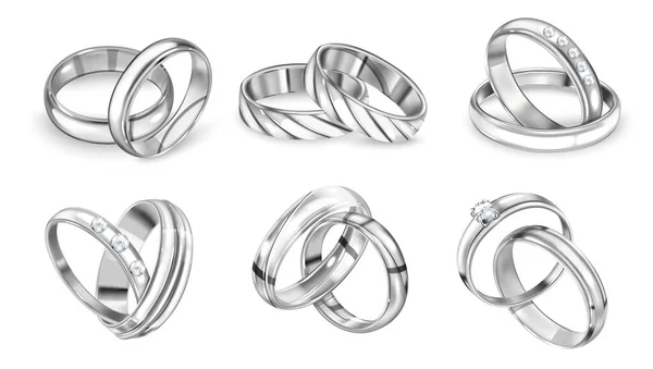 Realistic Silver Rings Set Isolated Images Luxury Monochrome Rings Pairs — Stock Vector