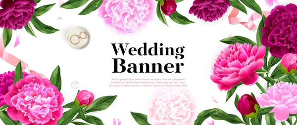 Realistic Horizontal Wedding Banner Pink Peony Flowers Pair Rings Vector — Stock Vector