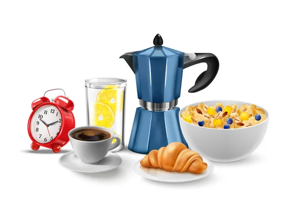 Realistisk Morgon Sammansättning Kaffekopp Croissant Havregryn Citron Vatten Och Väckarklocka — Stock vektor