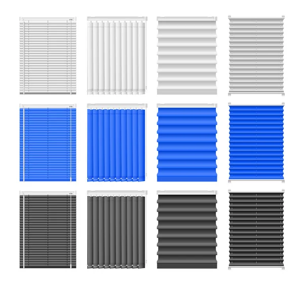 Realistic Window Blinds Set Isolated White Blue Black Drawn Blinds — Stock Vector