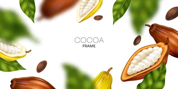 Marco Horizontal Realista Con Hojas Vainas Cacao Ilustración Vectorial Efecto — Archivo Imágenes Vectoriales