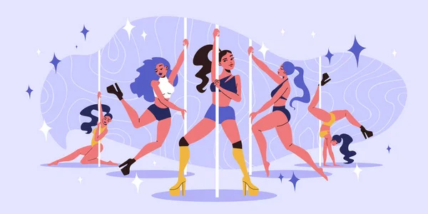 Slim Attractive Women Wearing High Heels Performing Pole Dance Color — Stock Vector