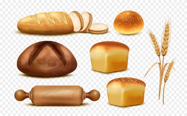 Pekařská Sada Realistický Chléb Chlebů Pšeničné Uši Dřevěný Váleček Izolované — Stockový vektor