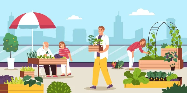 Közösségi Kert Város Lapos Háttér Emberekkel Díszítő Utcai Kávézó Növényekkel — Stock Vector