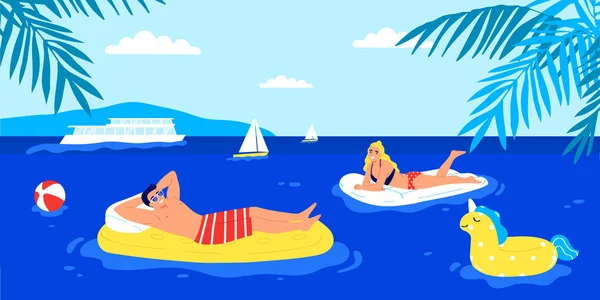休暇のフラットベクターのイラストで海に膨脹可能なマットレスに浮かぶ幸せなカップル — ストックベクタ