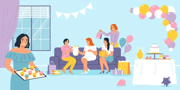 Ευτυχισμένες Γυναίκες Δίνοντας Δώρα Αναμένουν Μητέρα Στο Πάρτι Ντους Μωρών — Διανυσματικό Αρχείο
