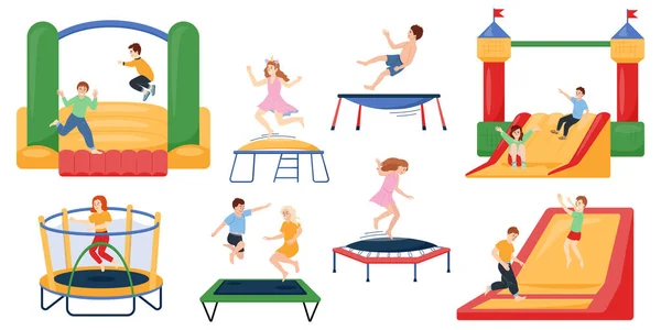 Kinder Springen Auf Trampolin Flach Set Isoliert Auf Weißem Hintergrund — Stockvektor