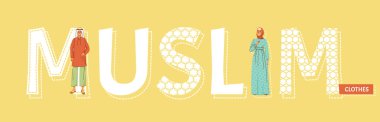 Müslüman giysileri İslami semboller düz vektör çizimi ile metin