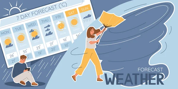 Plochá Koláž Mužem Kontroluje Předpověď Počasí Vítr Vytáhne Deštník Rukou — Stockový vektor