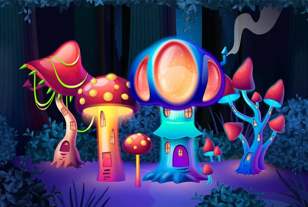 Cartoon Magic Village Forest Colorful Mushroom Houses Glowing Darkness Vector — Stock Vector