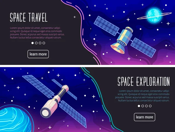 Raumfahrt Und Exploration Cartoon Horizontale Banner Mit Mehr Erfahren Taste — Stockvektor