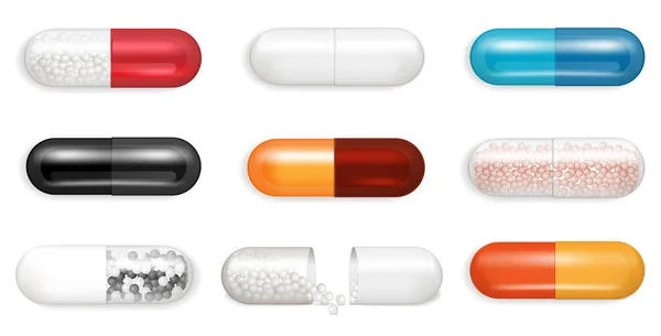 Realistic Capsules Set Isolated Images Colorful Pills Grain Shadows Blank — Stock Vector