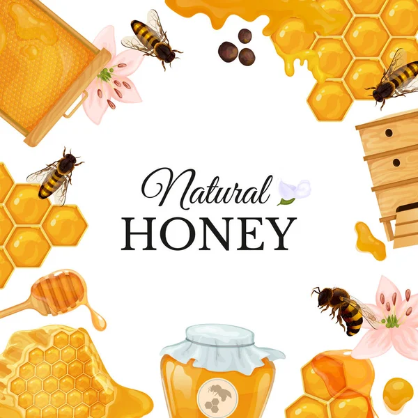 ハニーフレーム構成 ハニカム蜂の画像に囲まれたオレンジ色のテキストと花のベクターイラストでハチミツのハチミツ — ストックベクタ