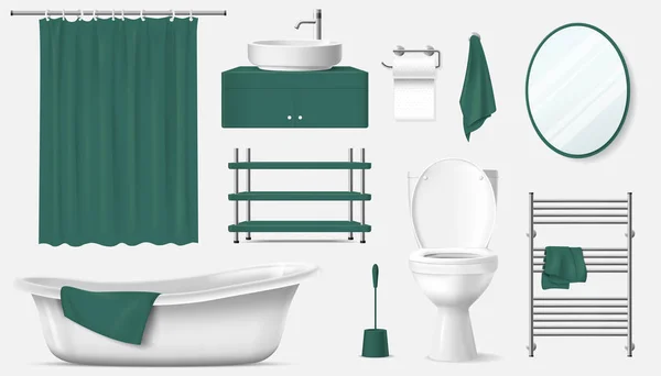 Badkamer Interieur Elementen Realistische Set Van Bad Wastafel Toilet Kom — Stockvector