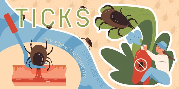 Insects Ticks Collage Encephalitis Symbols Flat Vector Illustration — Stock Vector