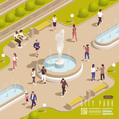 Park fıskiyeleri, açık hava manzaralı, banklı ve insan temsili resimli çardak izometrik kompozisyonu göletleri.