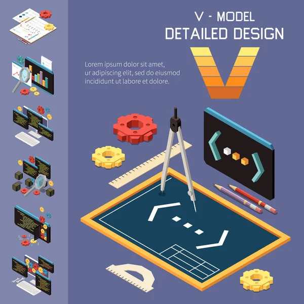 Modello Sviluppo Software Composizione Isometrica Con Ingranaggi Icone Schermi Codice — Vettoriale Stock