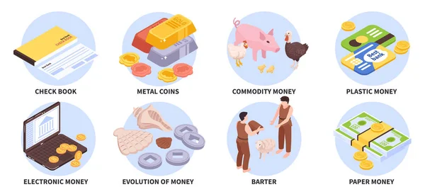 一套八种独立的圆形组合 具有等距货币演化图标 金属硬币易货和商品向量图解 — 图库矢量图片