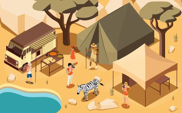 Safari旅游背景 带有营地和食品卡车符号等距矢量插图 — 图库矢量图片