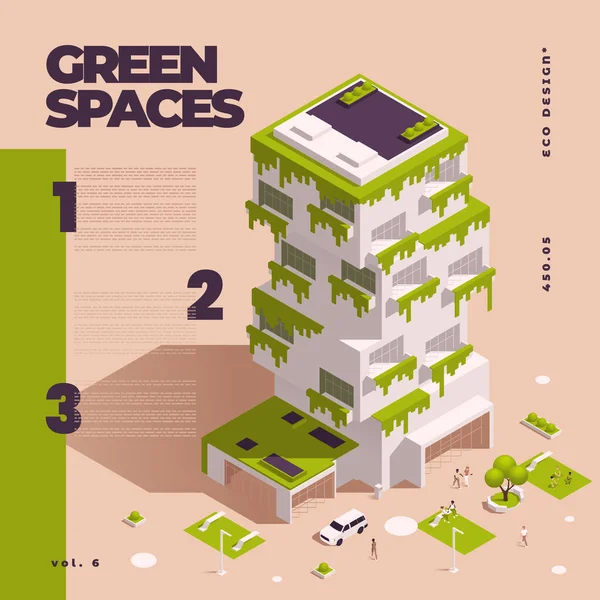 Miejskie Miasto Zielone Przestrzenie Ekoprojekt Izometryczny Schemat Dużymi Opisami Punktami — Wektor stockowy