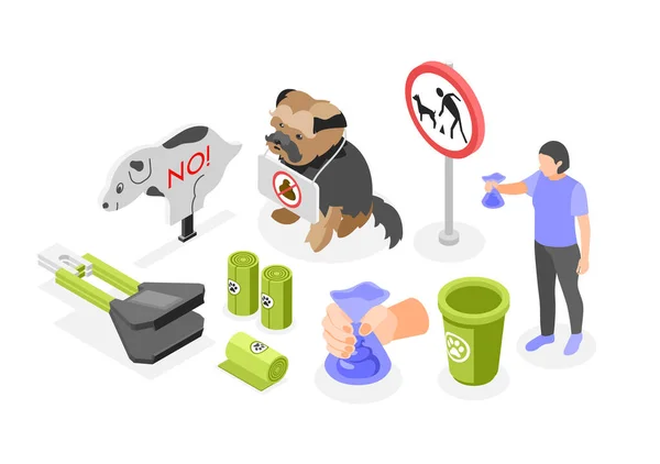 Άνθρωποι Καθαρίζουν Μετά Σκυλιά Σας Ισομετρική Σύνθεση Εργαλεία Για Συλλογή — Διανυσματικό Αρχείο