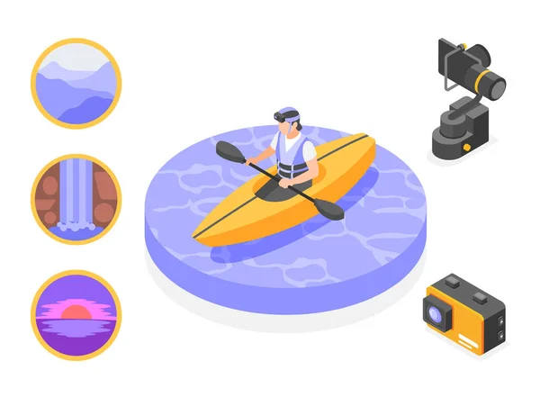 Action camera isometric composition with woman taking photos of nature in kayak 3d vector illustration